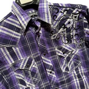 Panhandle Shirt Slim Western Embroidered Mens Medium Purple Plaid Pearl Snap